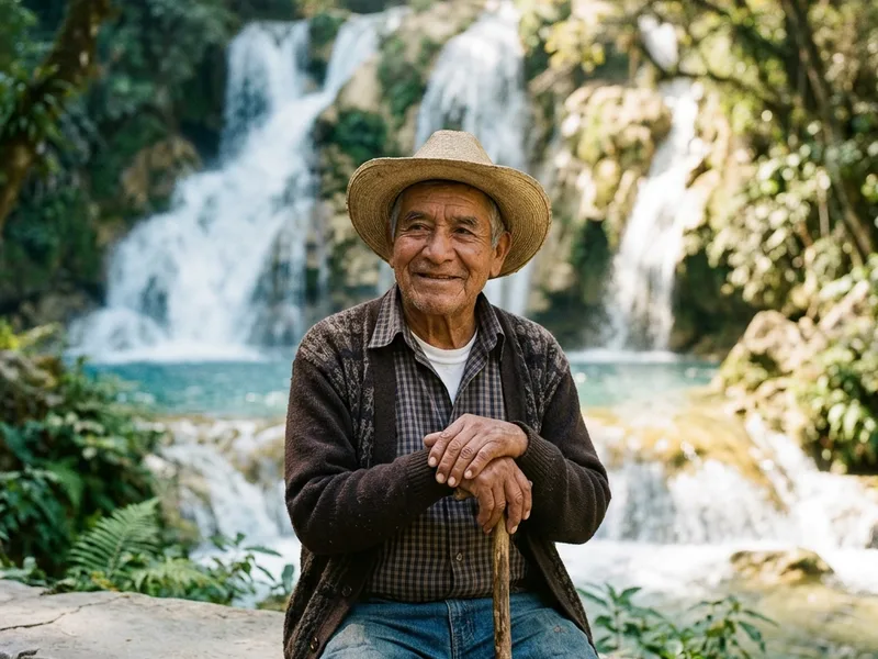 Adulto mayor frente a las cascadas de la Huasteca Potosina en San Luis Potosí