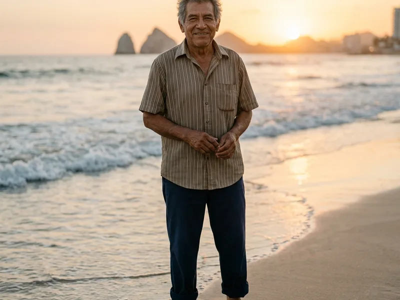 Dignificado adulto mayor mexicano sonriendo en la hermosa playa de Mazatlán al atardecer en Sinaloa