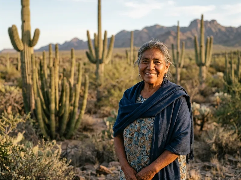 Dignificada mujer adulta mayor mexicana sonriendo frente a los cactus saguaros en el desierto de El Pinacate en Sonora