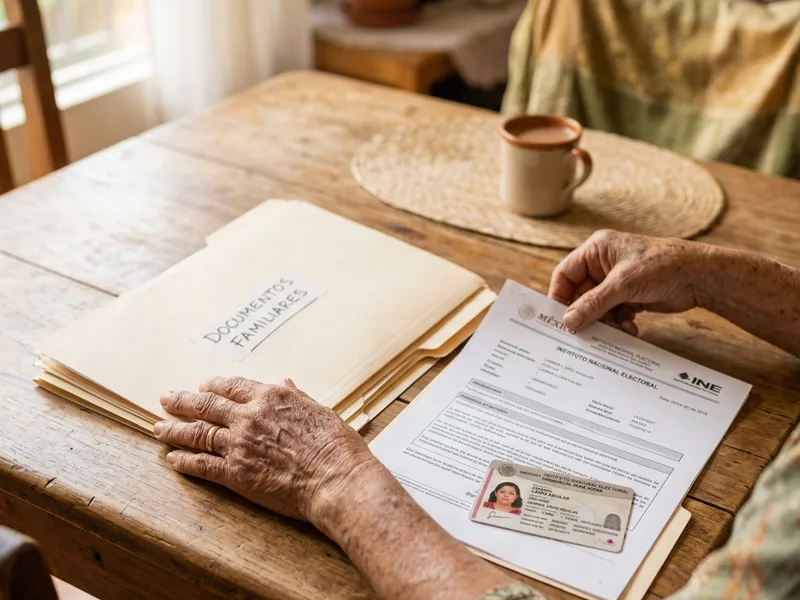 Subir documentos al Banco del Bienestar 2026: ¿cómo y para qué trámites? 2 Manos acomodando credencial de elector INE y CURP sobre una carpeta de cartón
