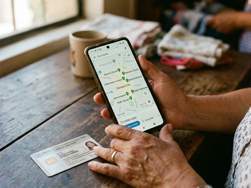 Banco del Bienestar: horarios y sucursal cerca de mí (2026) 2 Manos de ciudadano sosteniendo celular mostrando el mapa oficial con marcadores verdes de sucursales cerca de mí