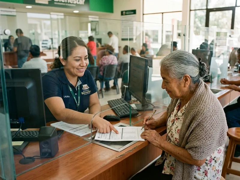 Banco del Bienestar: horarios y sucursal cerca de mí (2026) 3 Cajera del Banco del Bienestar atendiendo amablemente a una mujer adulta mayor a través del panel de vidrio