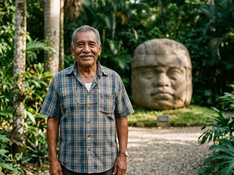 Dignificado adulto mayor mexicano sonriendo en un parque verde con una cabeza colosal olmeca de Tabasco