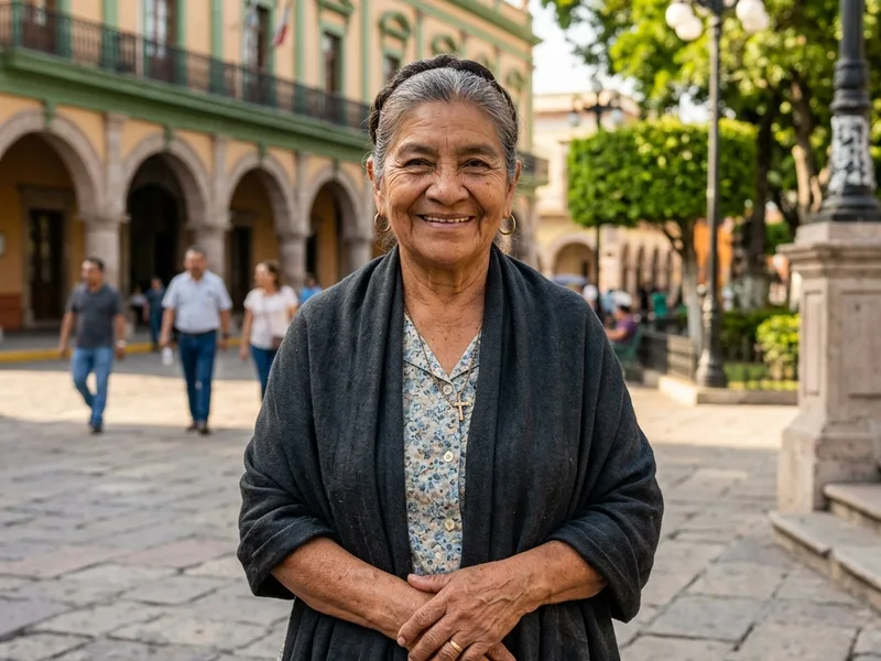 Dignificada mujer adulta mayor mexicana sonriendo en la hermosa plaza de arquitectura colonial de Tampico en Tamaulipas