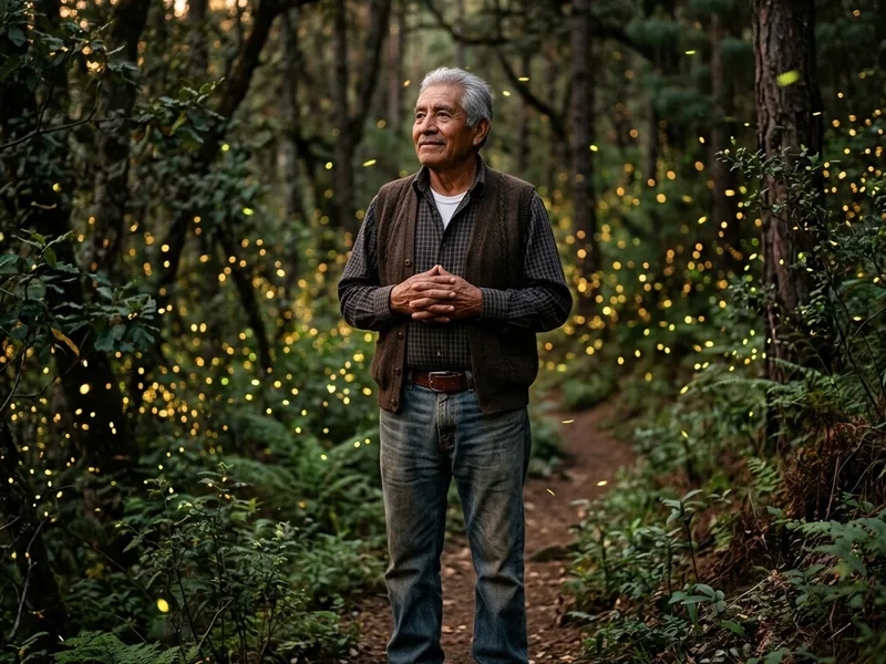 Adulto mayor en el bosque de las luciérnagas de Tlaxcala