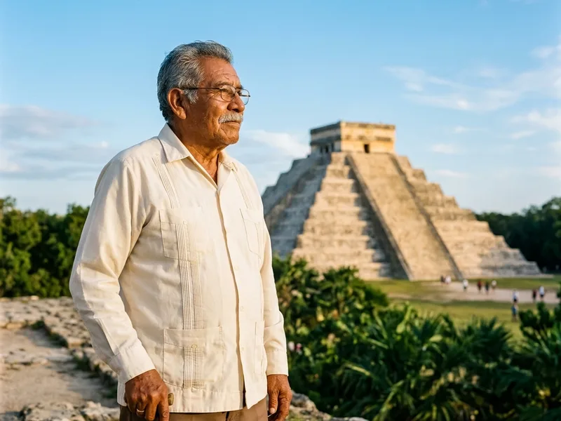 Adulto mayor frente a la pirámide de Chichén Itzá en Yucatán